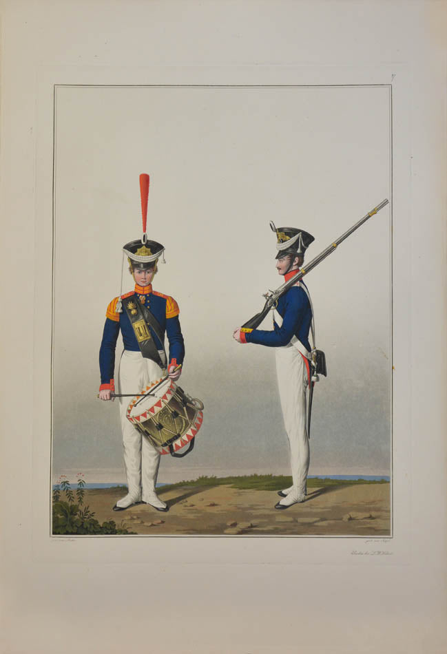 The artist, Friedrich Lieder, depicts uniforms and badges for each Prussian army corps, the quatint engraving was completed by Jügel. 