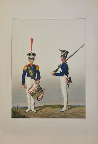 The artist, Friedrich Lieder, depicts uniforms and badges for each Prussian army corps, the quatint engraving was completed by Jügel. 
