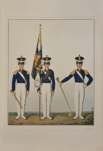 The artist, Friedrich Lieder, depicts uniforms and badges for each Prussian army corps, the quatint engraving was completed by Jügel. 