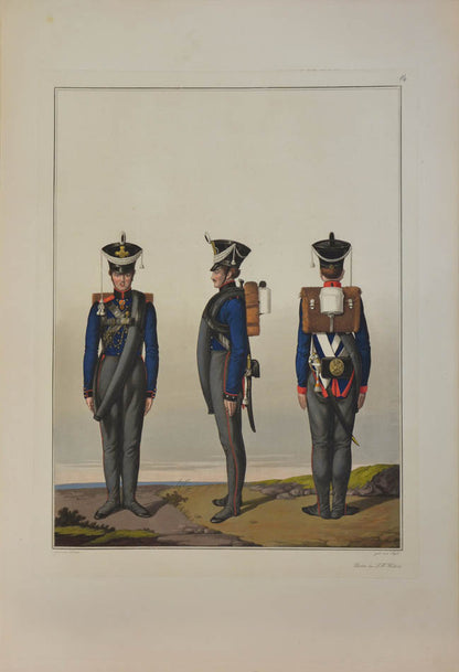 The artist, Friedrich Lieder, depicts uniforms and badges for each Prussian army corps, the quatint engraving was completed by Jügel. 