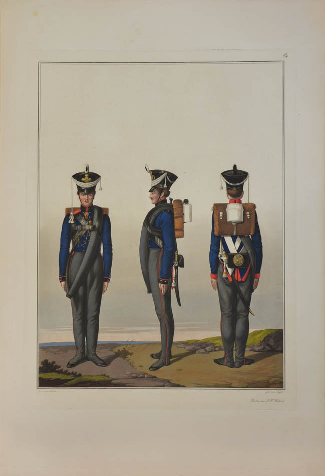 The artist, Friedrich Lieder, depicts uniforms and badges for each Prussian army corps, the quatint engraving was completed by Jügel. 