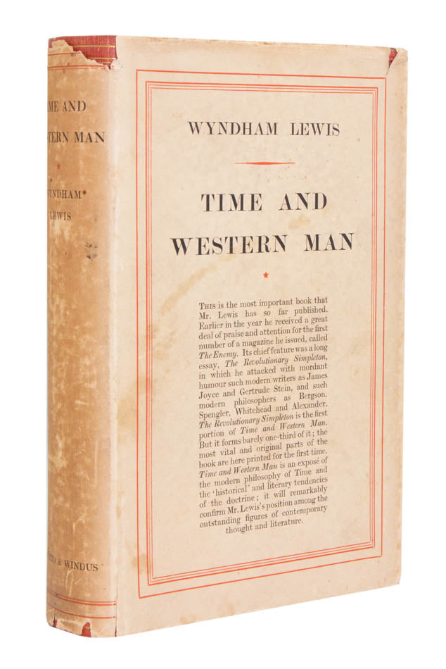A VG first edition, first issue of 'Time and Western Man, perhaps [Wyndham] Lewis's single most important philosophical work...' (Morrow & Lafourcade) 