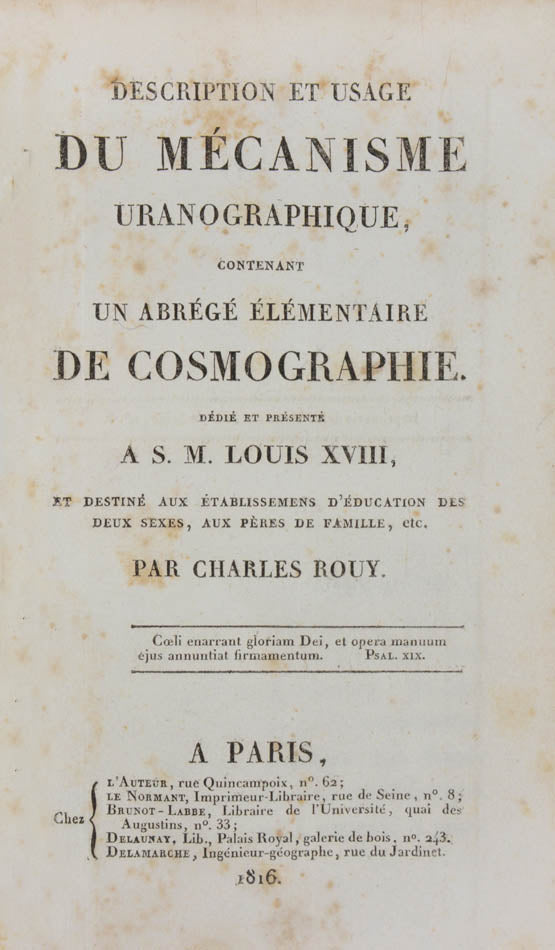 Description et usage du mécanisme uranographique, contenant un abrégé élémentaire de cosmographie.