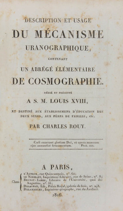 Description et usage du mécanisme uranographique, contenant un abrégé élémentaire de cosmographie.