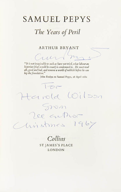 An exceptional assocation copy of Arthur Bryant's three volume biography of Samuel Pepys, each volume inscribed to Prime Minister Harold Wilson.