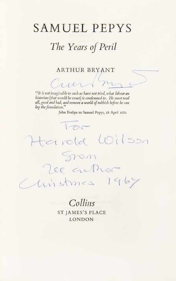An exceptional assocation copy of Arthur Bryant's three volume biography of Samuel Pepys, each volume inscribed to Prime Minister Harold Wilson.