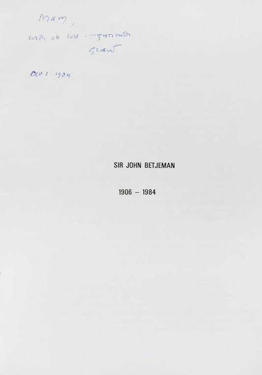 Gerard Irvine's memorial address at the funeral of Sir John Betjeman, inscribed to the poet Mary Wilson, wife of the Prime Minister Harold Wilson.