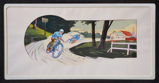 Hand-coloured pochoir print documenting the early history of transportation, by Ernest Montaut and his wife Marguerite who used the name Gamy.
