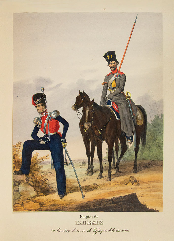 An exceptional example of a remarkable survival. A large collection of 589 plates of Eckert's European military costumes in the original wrappers.