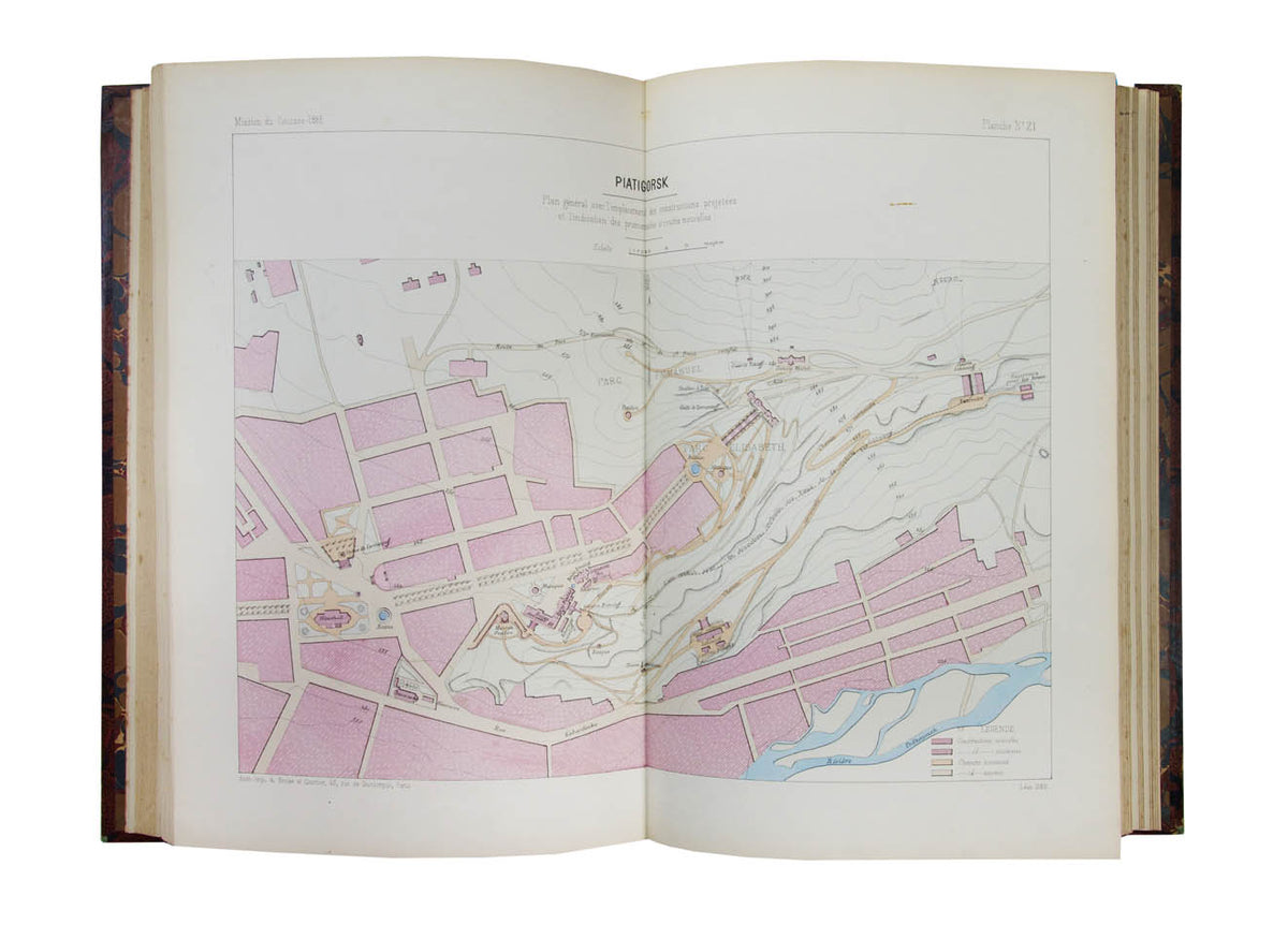A rare and interesting work on the spa towns of the Caucasus. The plates show plans for fountains, bathing houses and pumping stations.