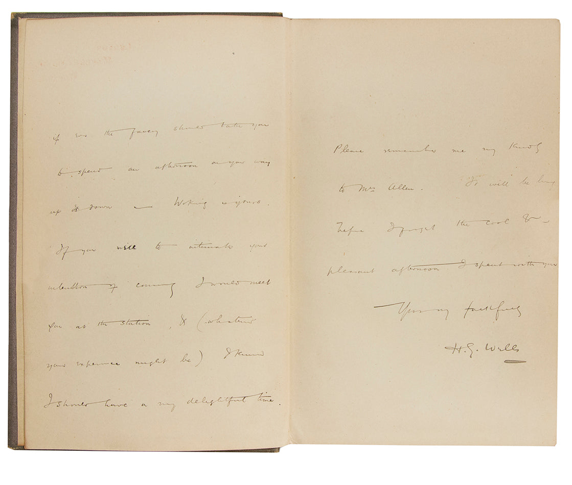 A major literary presentation copy of the author's first literary publication. Inscribed by Wells on the half title page.