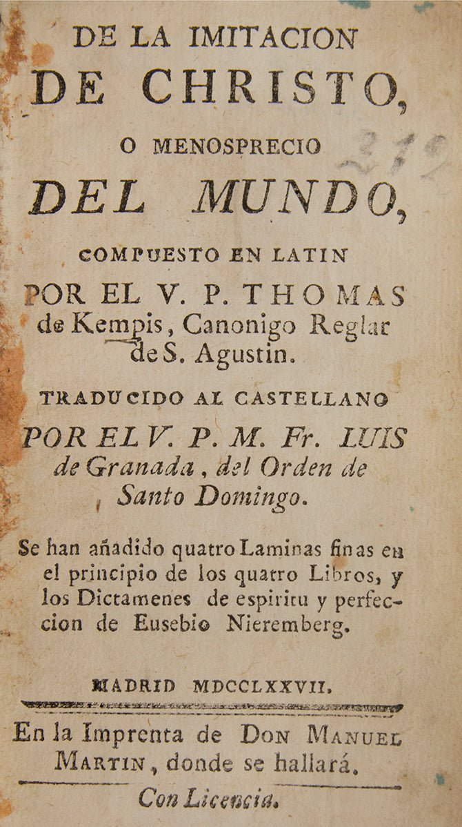 A neat Spanish-language pocket edition of Thomas à Kempis' famous devotional work, embellished with four fine copper engravings.
