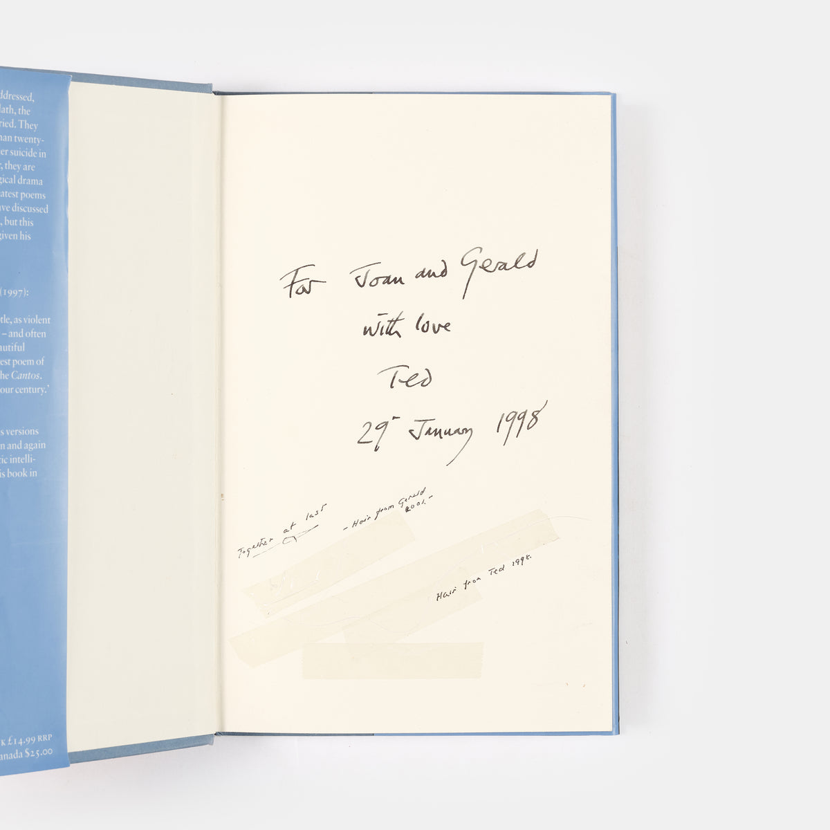Inscribed to his brother and sister-in-law, For Joan and Gerald, with love, Ted, 29th January 1998 with a strand of Gerald and Ted's hair wi