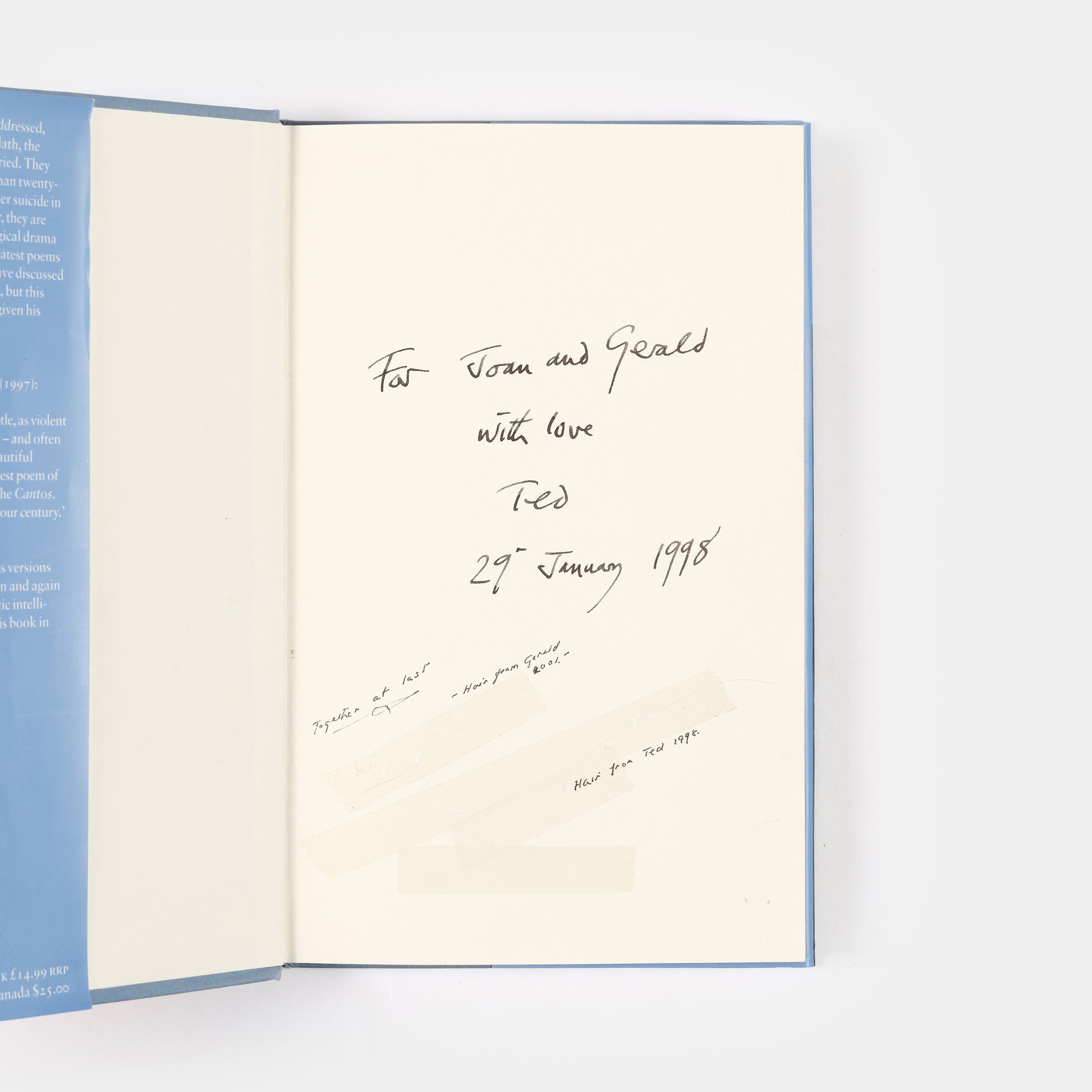 Inscribed to his brother and sister-in-law, For Joan and Gerald, with love, Ted, 29th January 1998 with a strand of Gerald and Ted's hair wi