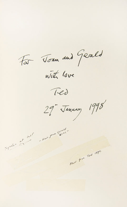 Inscribed to his brother and sister-in-law, For Joan and Gerald, with love, Ted, 29th January 1998 with a strand of Gerald and Ted's hair wi