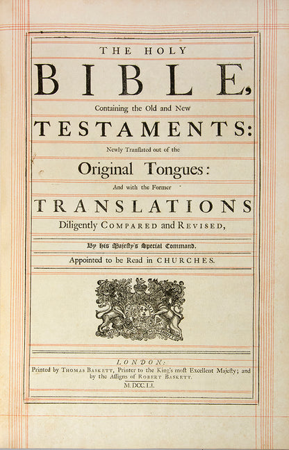 A fine copy of Thomas Baskett's 1751 edition of the Holy Bible, from the library of the second Duke of Newcastle.