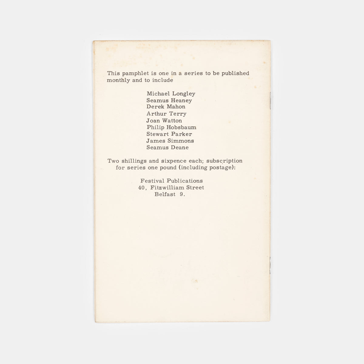 First edition of Heaney's rare first published work, with the notice for his 'first book of poems, Death of a Naturalist' to be published in Spring 1966.