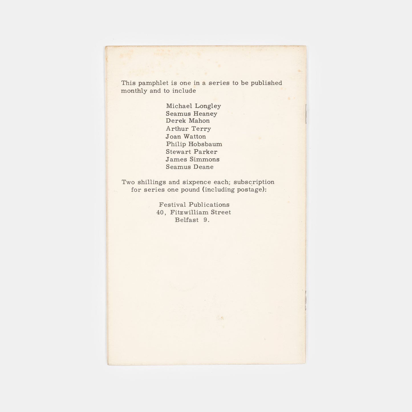 First edition of Heaney's rare first published work, with the notice for his 'first book of poems, Death of a Naturalist' to be published in Spring 1966.