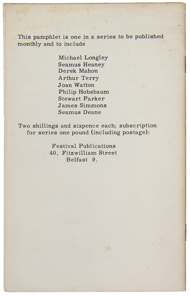 First edition of Heaney's rare first published work, with the notice for his 'first book of poems, Death of a Naturalist' to be published in Spring 1966.