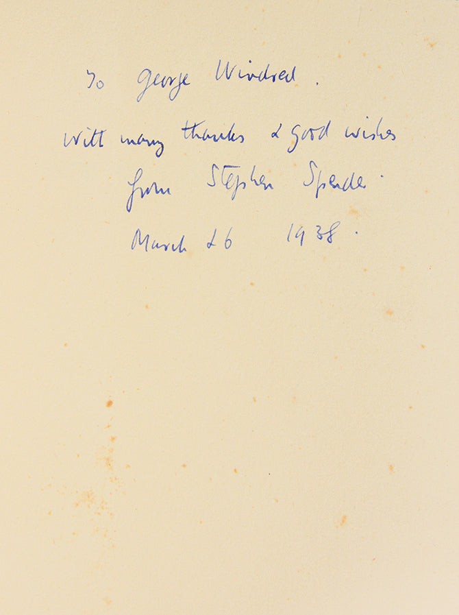 Inscribed first edition of Spender's first play, an expressionist, anti-fascist drama in verse, inscribed at the end of its initial run at Unity Theatre.