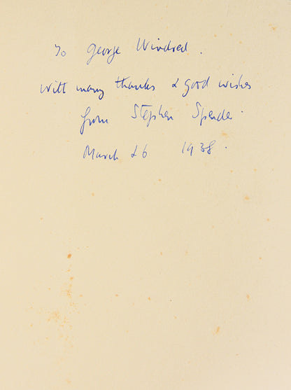 Inscribed first edition of Spender's first play, an expressionist, anti-fascist drama in verse, inscribed at the end of its initial run at Unity Theatre.