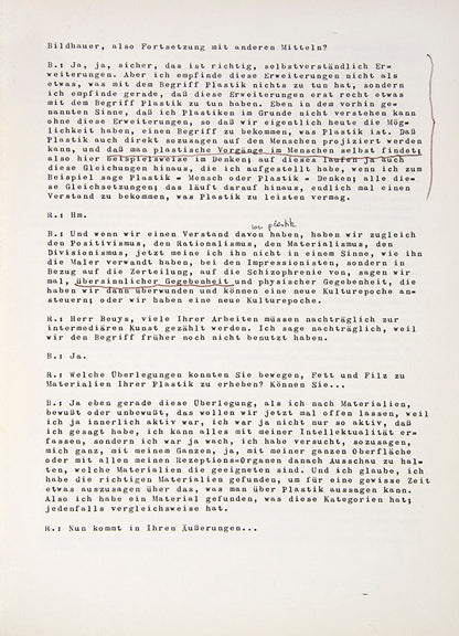 Presentation copy, inscribed in pencil on the top wrapper, 'Joseph Beuys für Heiner Bastian'. Comprising two interviews with Beuys by Helmut Rywelski