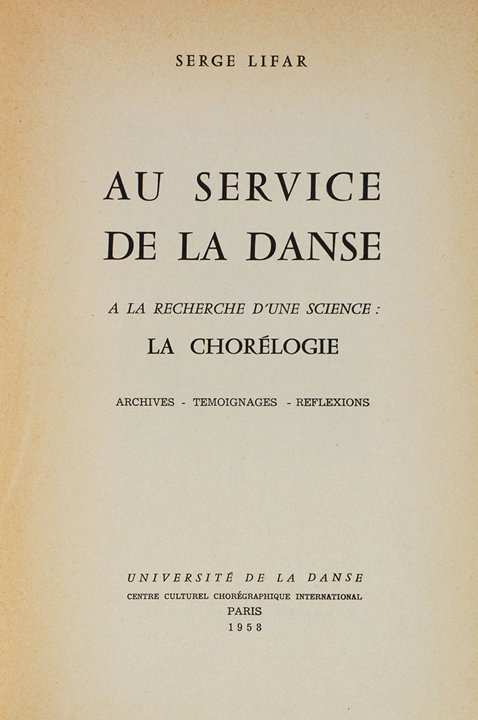 First edition, 8vo; presentation copy, inscribed twice by Lifar, first on the front free endpaper 'a Marie-Louise Trilling son ami Serge Lifar' 