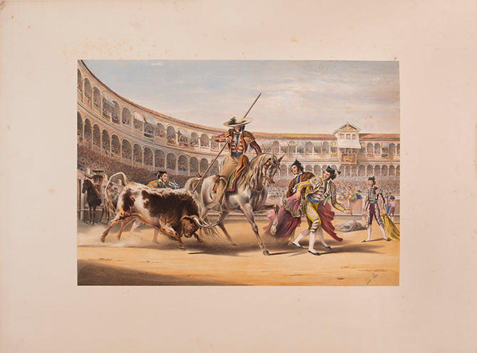 Rare issue hand-coloured on card. A handsome copy of a lively set of bull fighting plates.
