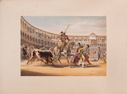 Rare issue hand-coloured on card. A handsome copy of a lively set of bull fighting plates.