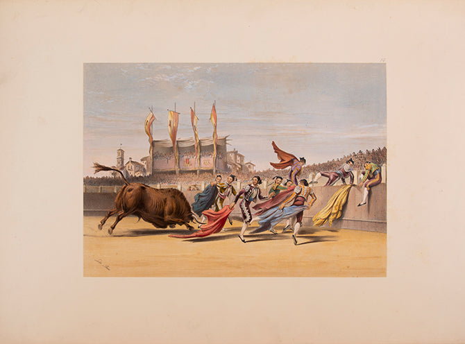 Rare issue hand-coloured on card. A handsome copy of a lively set of bull fighting plates.