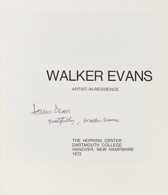A presentation copy, inscribed in purple ink on the title page 'Louis Dean gratefully, Walker Evans'