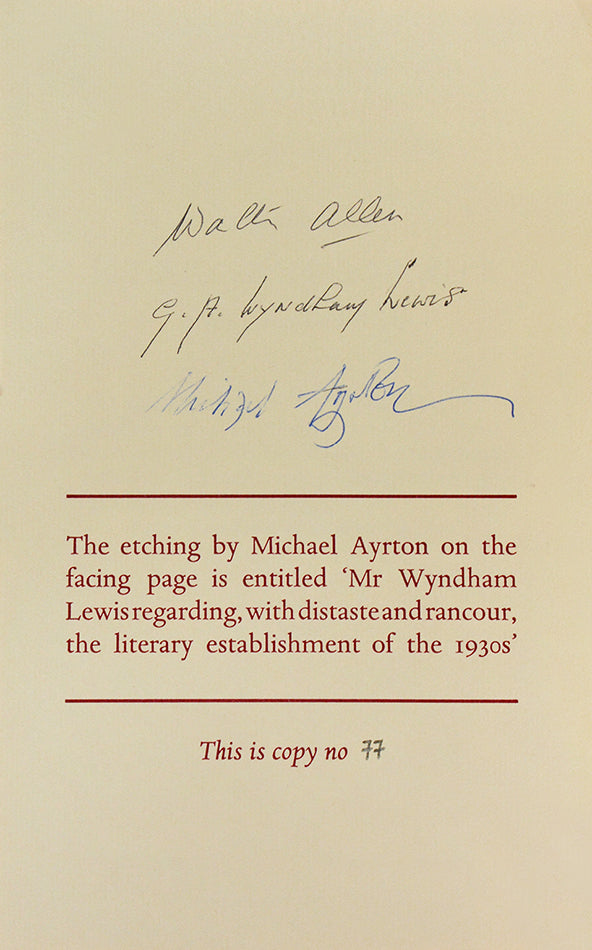 Wyndam Lewis' posthumously-published novel satirising the literary world, with an etching by Michael Ayrton and signed by Mrs Wyndham Lewis, et al.