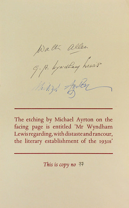 Wyndam Lewis' posthumously-published novel satirising the literary world, with an etching by Michael Ayrton and signed by Mrs Wyndham Lewis, et al.
