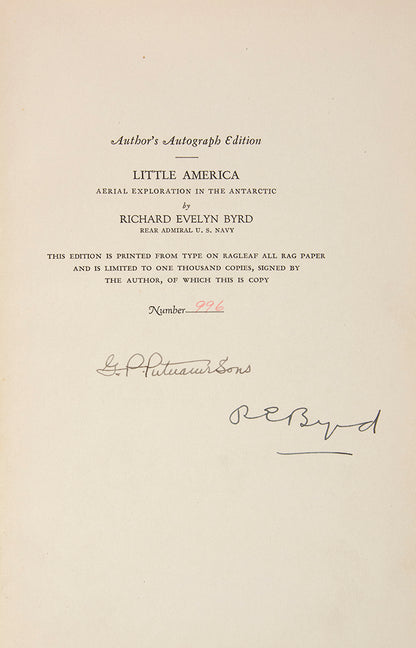 first edition of Byrd's official narrative of his initial Antarctic expedition. For many it marks the end of the heroic age in Antarctic exploration 