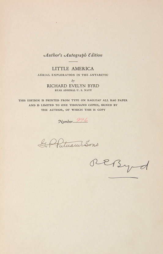first edition of Byrd's official narrative of his initial Antarctic expedition. For many it marks the end of the heroic age in Antarctic exploration 