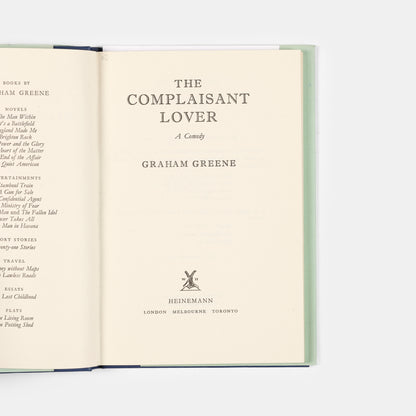 Signed presentation copy of the first edition of Graham Greene's Complaisant Lover published in London in 1959.