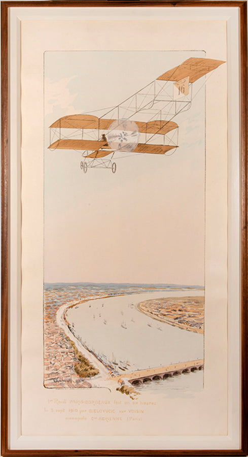 Hand-coloured pochoir print documenting the early history of transportation, by Ernest Montaut and his wife Marguerite who used the name Gamy.