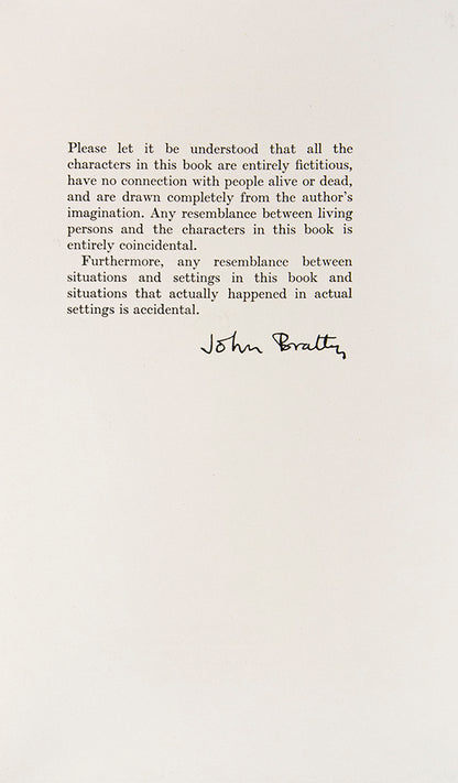 Signed and dated (1960) by John Bratby beneath a fabulous, full-page, pencil self portrait, on the front free endpaper.
