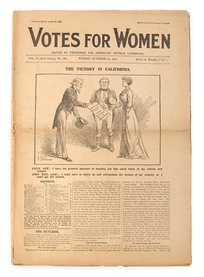 Volume V, issue 189, of the newssheet Votes for Women, announcing the Victory in California on 20 October 1911.