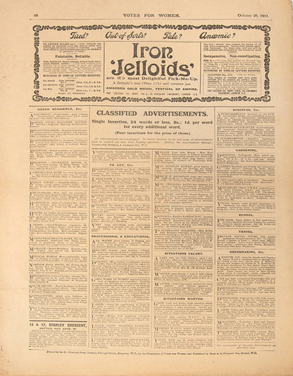 Volume V, issue 189, of the newssheet Votes for Women, announcing the Victory in California on 20 October 1911.