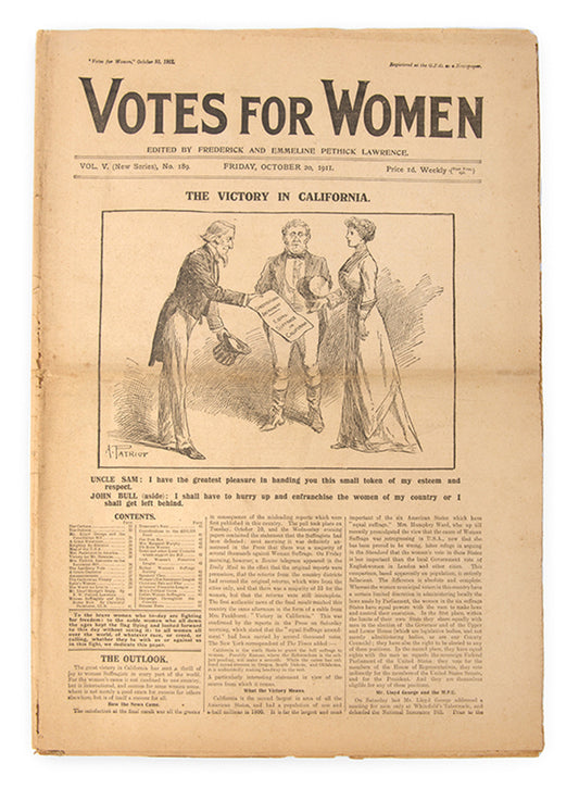 Volume V, issue 189, of the newssheet Votes for Women, announcing the Victory in California on 20 October 1911.