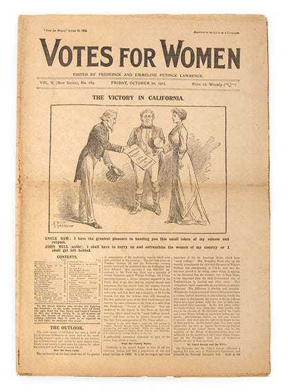 Volume V, issue 189, of the newssheet Votes for Women, announcing the Victory in California on 20 October 1911.