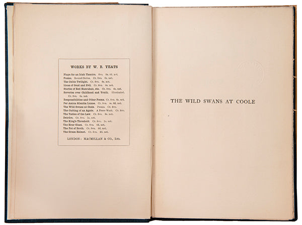 One of 1500 copies of the first impression of the Macmillan edition of William Butler Yeats's Wild Swans at Coole, published in London in 1919.