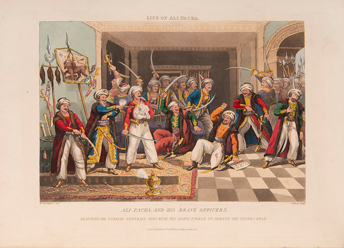 Strikingly dramatised hand-coloured aquatints, giving a romantic view of Ali Pacha's life, published very shortly after his brutal death