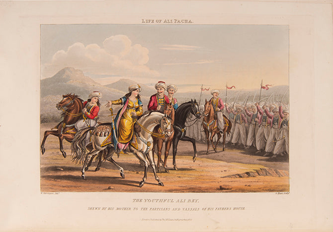 Strikingly dramatised hand-coloured aquatints, giving a romantic view of Ali Pacha's life, published very shortly after his brutal death