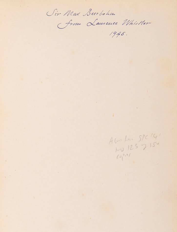 A memorial volume produced by Laurence Whistler in memory of his wife Jill Furse. This copy with his signed presentation inscription to Sir Max Beerbohm.