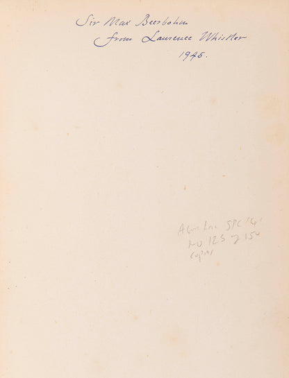 A memorial volume produced by Laurence Whistler in memory of his wife Jill Furse. This copy with his signed presentation inscription to Sir Max Beerbohm.