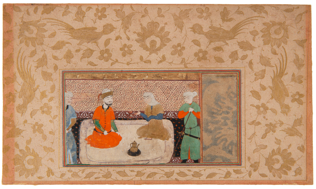 Prince and Maiden seated with armed attendants in waiting,