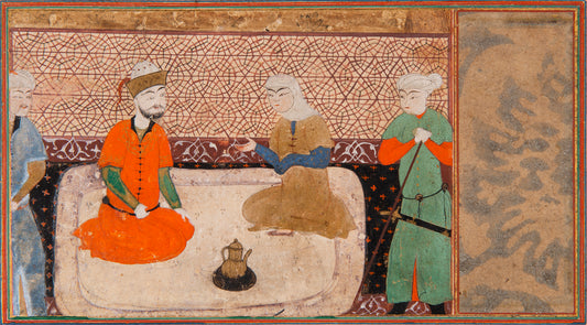 Prince and Maiden seated with armed attendants in waiting,