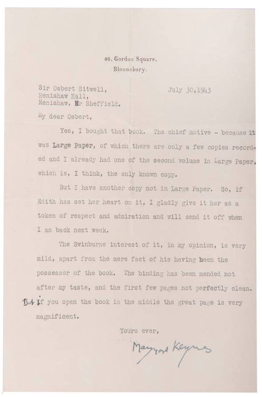 Typed letter signed by Maynard Keynes to Sir Osbert Sitwell, dated 30th July 1943.